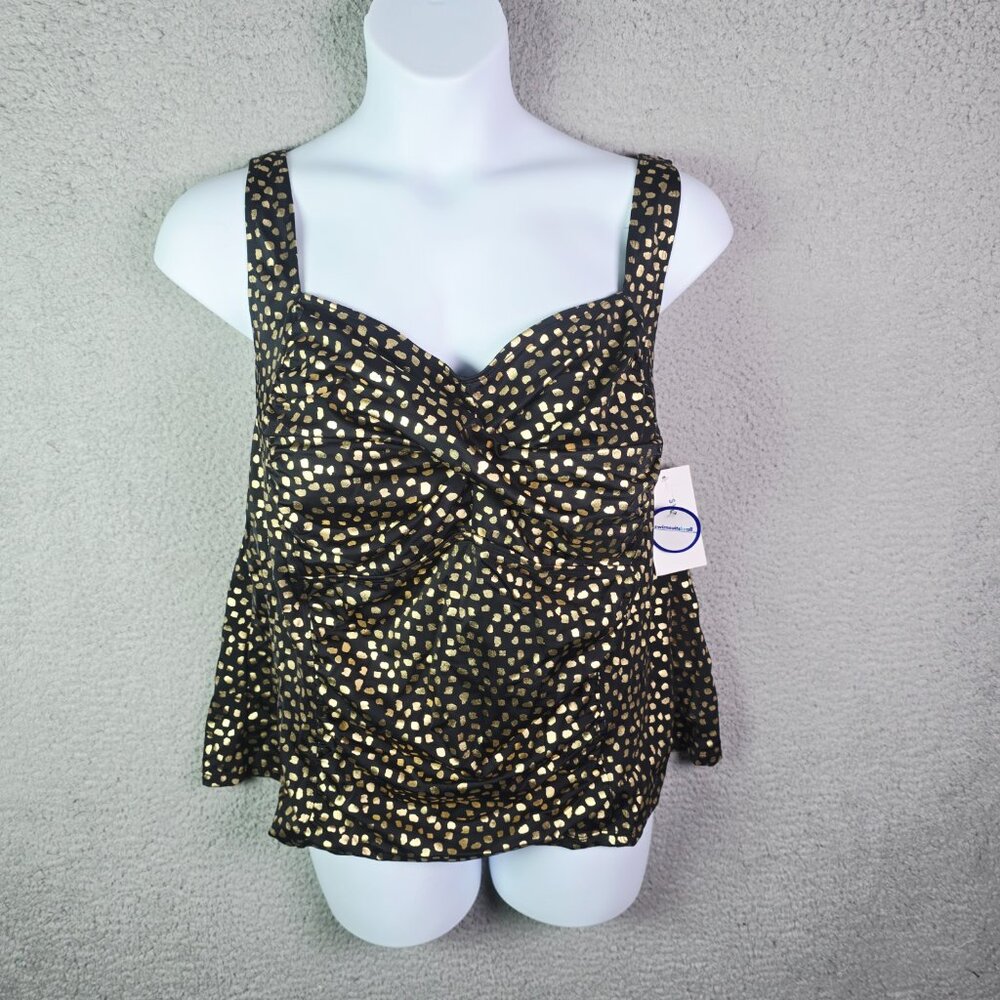 Swimsuits For All Tankini Top Black Gold 28 Ruched Supportive Swimwear New